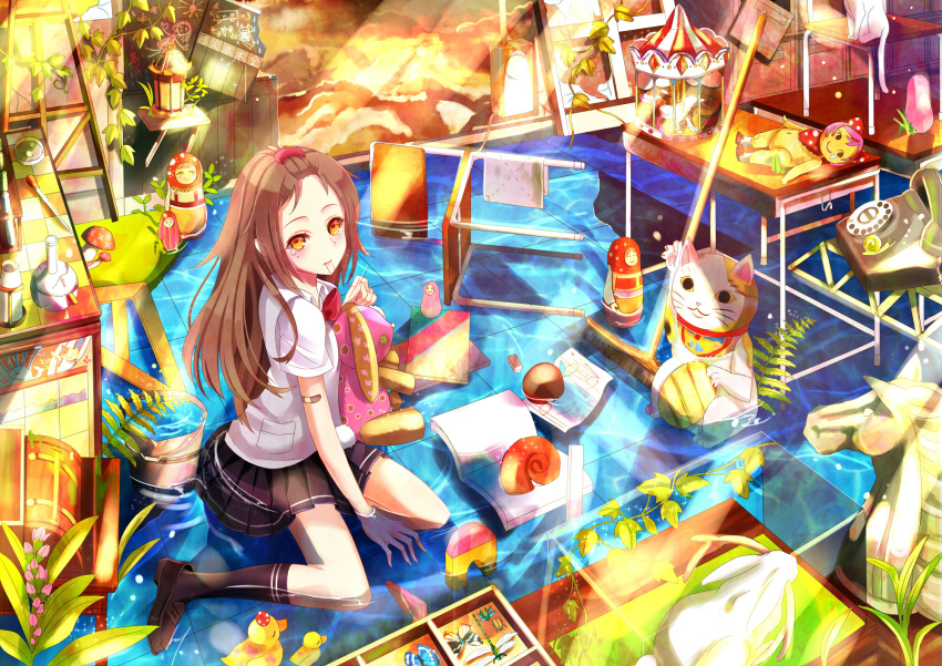 bandaid blush brown_hair bucket cat chair desk doll dragonfly flask hair_ornament hairclip highres jackalope lamp light_particles loafers long_hair looking_at_viewer maneki_neko matryoshka_doll medicine_dropper mole mouth_hold needle original partially_submerged petri_dish pleated_skirt rotary_phone rubber_duck school_uniform shoes signature sitting skirt snail sparkle string stuffed_animal stuffed_toy submerged sunbeam sunlight tears test_tube test_tube_rack wariza water yellow_eyes yuna_(rutera)