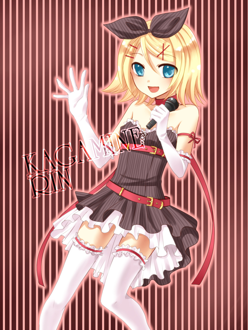artist_request bare_shoulders belt blonde blonde_hair blue_eyes blush dress gloves hair_ribbon hairpins happy kagamine_rin microphone open_mouth pantyhose ribbon short_hair singing solo thigh-highs thighhighs vocaloid yayoi
