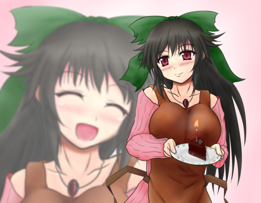 alternate_costume apron azumax blush cake candle closed_eyes contemporary detached_sleeves eyes_closed food happy jewelry long_hair necklace open_mouth plate red_eyes reiuji_utsuho ribbon smile solo touhou very_long_hair