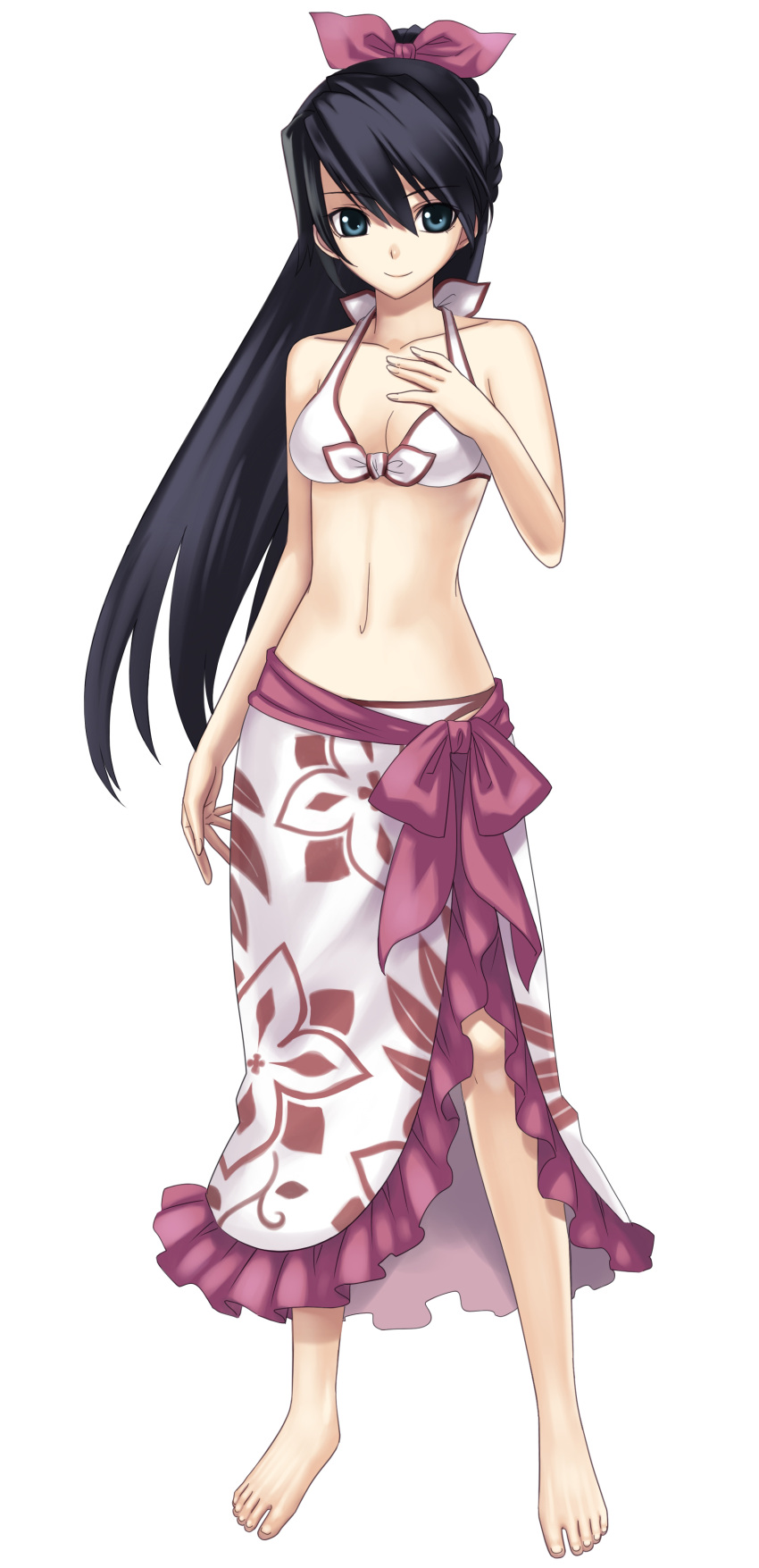 alternate_costume aqua_eyes ar_tonelico ar_tonelico_i barefoot bikini black_hair bow breasts cleavage cross_edge feet front-tie_top gust hair_bow hands highres hirano_katsuyuki long_hair misha_arsellec_lune navel official_art sarong simple_background smile solo standing swimsuit