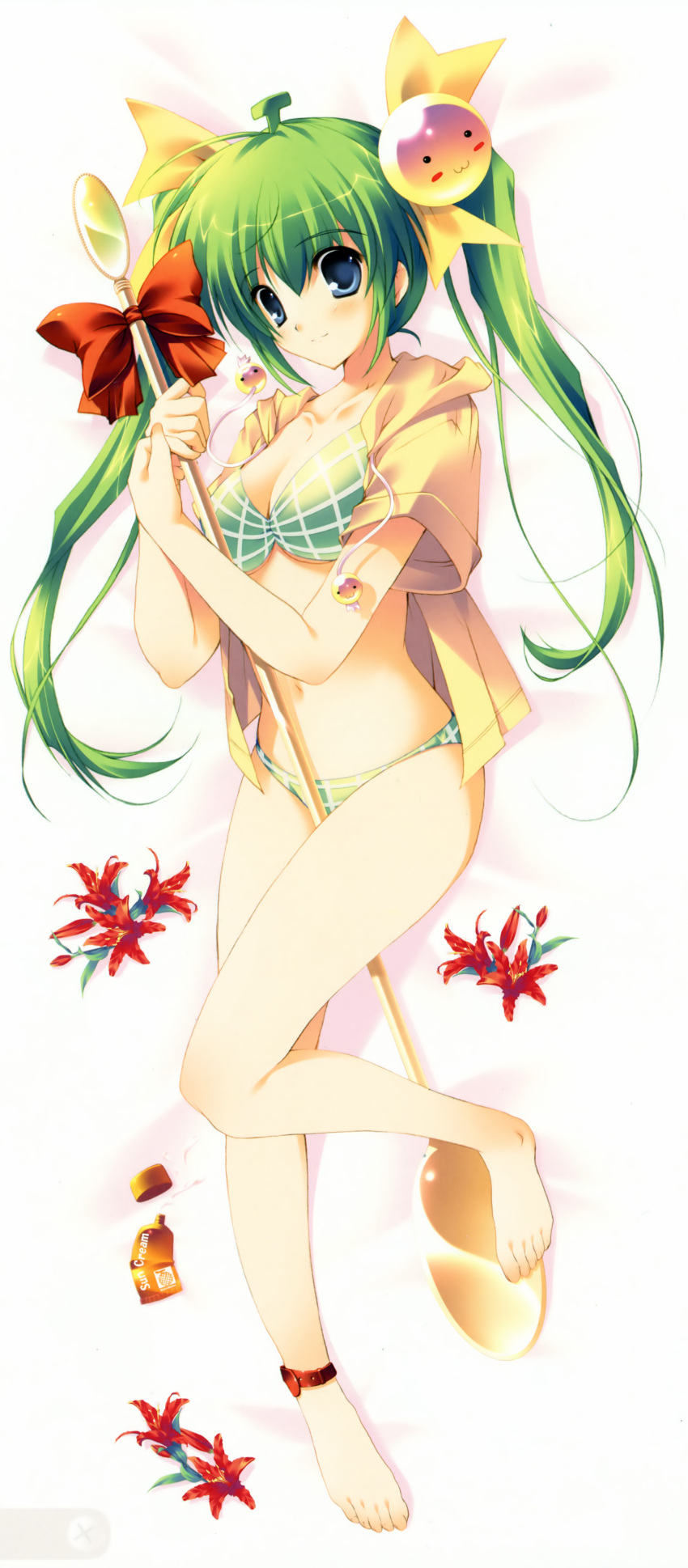 ahoge ankle_band ankleband anklet artist_request barefoot between_legs bikini blue_eyes bow character_request dakimakura green_bikini green_hair highres jewelry light_smile long_hair lotion melon-chan melonbooks mikeou rod scan solo swimsuit twintails