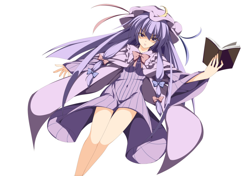 absurdres bare_legs book bow crescent hair_ribbon hat highres patchouli_knowledge purple_eyes purple_hair ribbon sakurame solo thighs touhou violet_eyes