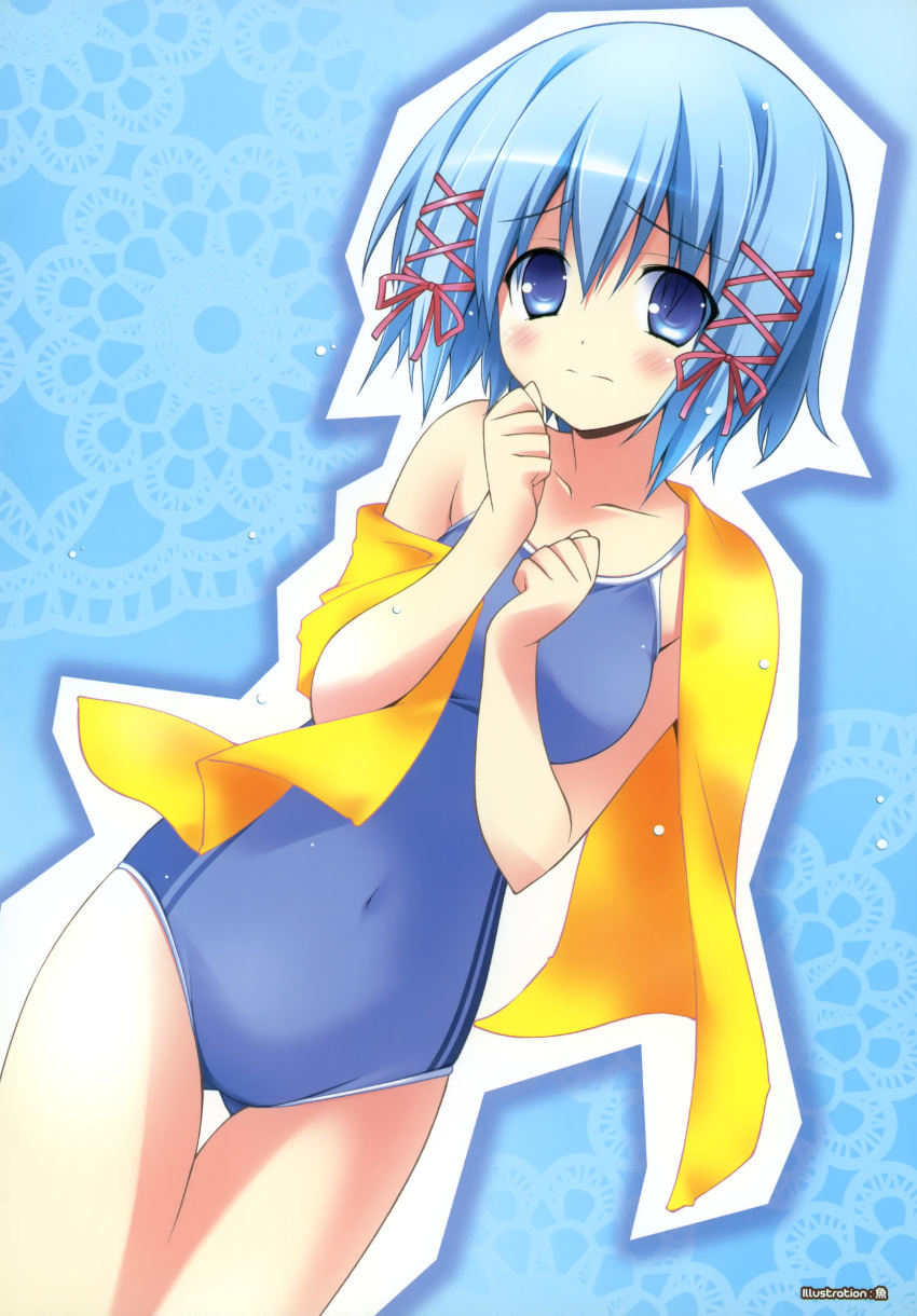 absurdres blue_eyes blue_hair blush casual_one-piece_swimsuit hair_ornament hair_ribbon highres magicarat_radiant one-piece_swimsuit ribbon sakana scared short_hair swimsuit towel yuunagi_suzuri