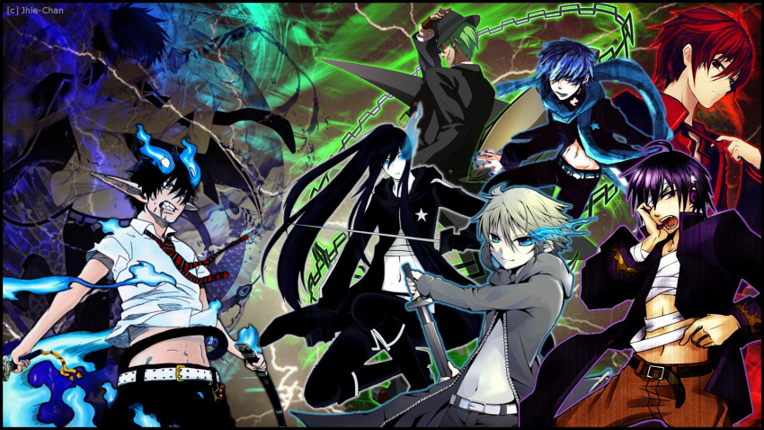 akaito angry ao_no_exorcist bandages belt black_hair black_rock_shooter black_rock_shooter_(character) blazblue blonde_hair blue_eyes blue_hair boots closed_eyes coat collage crossover elf elf_ears female green_hair grey_hair group hazama headphones jacket kaito kamui_gakupo katana kikaito long_hair male midriff nail_polish necktie okumura_rin pants pointy_ears purple_eyes purple_hair red_eyes red_hair redhead scarf shion_taito short_hair smile smirk sword valshe vocaloid wallpaper weapon yandereloid