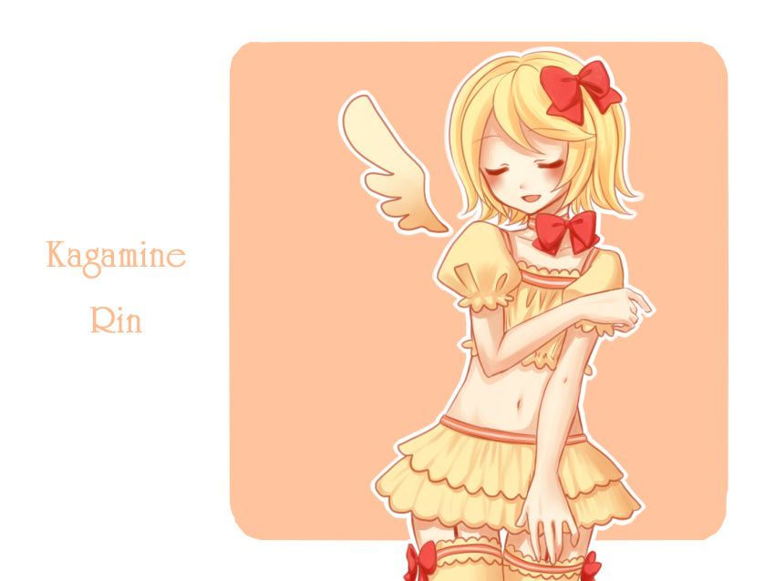 blonde_hair blush closed_eyes happy kagamine_rin midriff pantyhose ribbon short_hair skirt solo stockings thigh-highs thighhighs vocaloid wallpaper wings yayoi