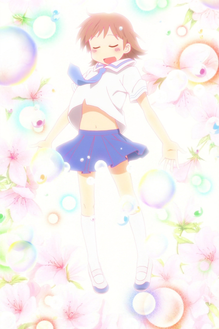 aioi_yuuko blush brown_hair closed_eyes eyes_closed highres navel necktie nichijou open_mouth outstretched_arms pleated_skirt school_uniform screencap serafuku shining short_hair skirt smile spread_arms stitched