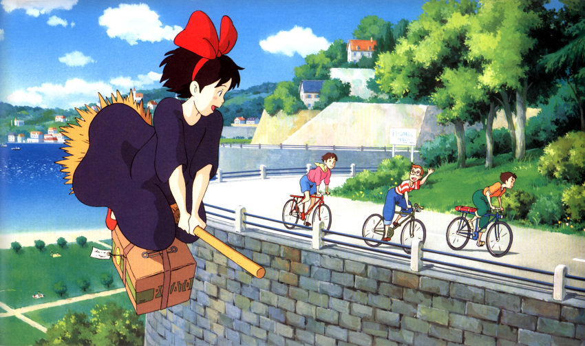 :d bicycle black_dress blush bow box broom broom_riding brown_hair dress flying glasses grass hair_bow highres house kiki majo_no_takkyuubin ocean official_art oldschool open_mouth outdoors production_art scenery ship shirt short_hair smile striped striped_shirt studio_ghibli tombo town tree water waving witch