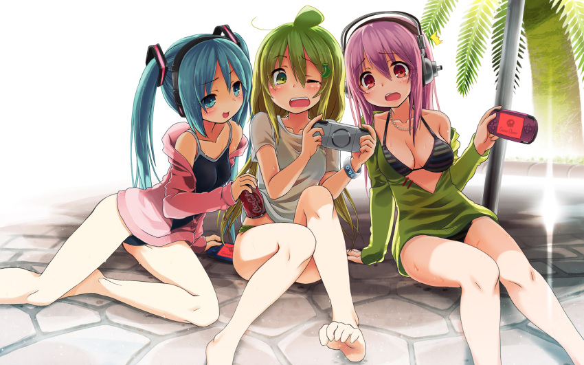 arm_support barefoot bikini blue_hair breasts crossover feet green_hair hatsune_miku headphones highres jacket kuromaru9 multiple_girls navel nitroplus one-piece_swimsuit original palm_tree personification pink_hair playing_games playstation_portable pool psp sonico soniko super_sonico swimsuit swimsuit_under_clothes tree vocaloid wink