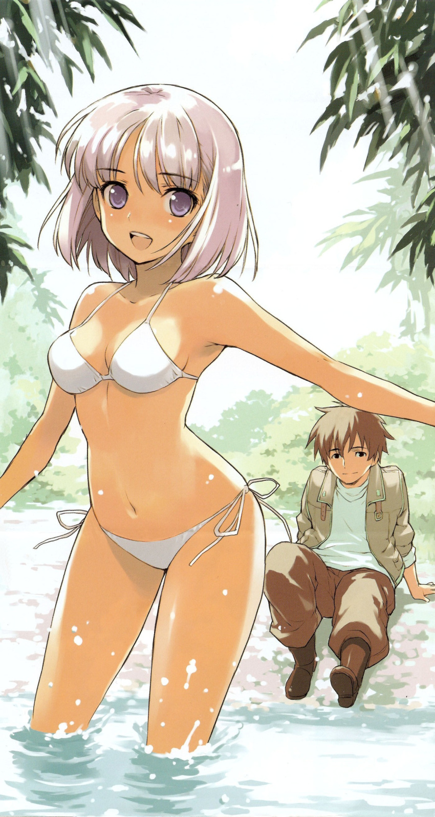absurdres artist_request bikini bob_cut breasts charles_karino cleavage fana_del_moral highres male morisawa_haruyuki outstretched_arms pink_hair purple_eyes scan short_hair side-tie_bikini smile source_request spread_arms swimsuit to_aru_hikuushi_e_no_tsuioku violet_eyes wading