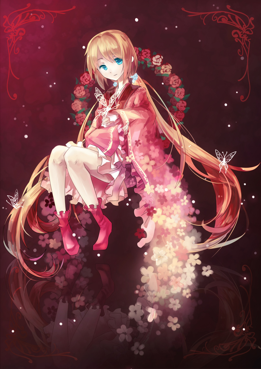 blonde_hair blue_eyes blue_rose butterfly cathy_inaba dress flower highres japanese_clothes kimono long_hair long_sleeves original pink_dress red_rose rose solo thighhighs twintails very_long_hair