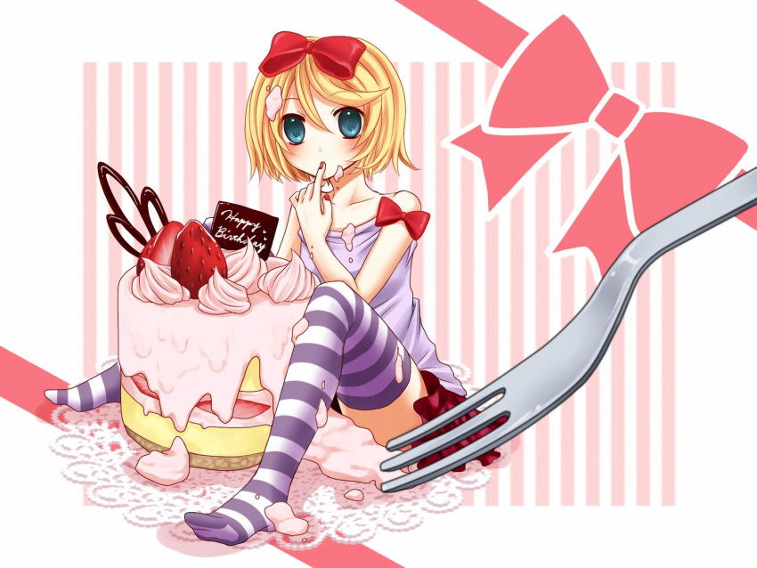 blonde_hair blue_eyes blush candy eating kagamine_rin pantyhose ribbon short_hair skirt solo strawberries sweets thigh-highs vocaloid yayoi