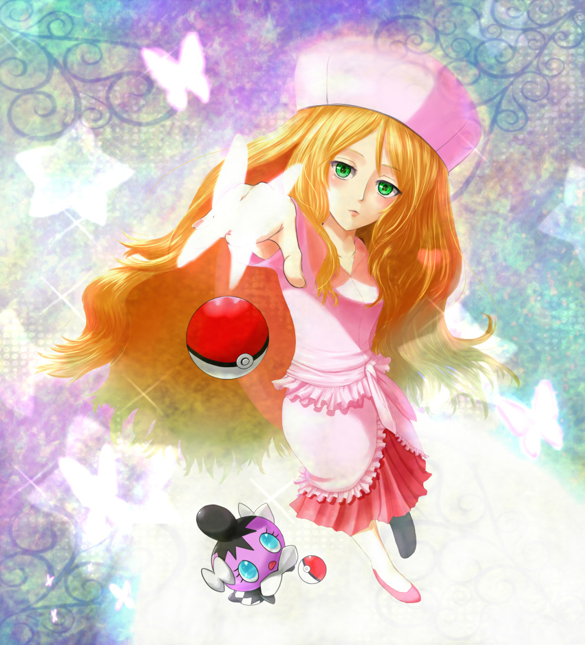 blonde_hair blush butterfly cattleya_(pokemon) elite_four foreshortening from_above gothita green_eyes hands hat highres lips long_hair poke_ball pokemon pokemon_(game) pokemon_black_and_white pokemon_bw saty-rokuji skirt skirt_set very_long_hair