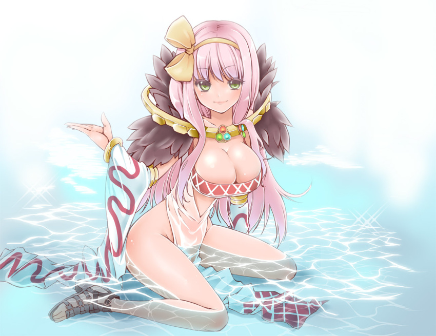 arima_natubon bandeau bow breasts cleavage detached_sleeves feathers female green_eyes hair_bow hairband high_heels large_breasts long_hair no_panties partially_submerged pink_hair ragnarok_online sandals shoes sitting smile solo sorcerer sorcerer_(ragnarok_online) submerged tubetop wariza water wet