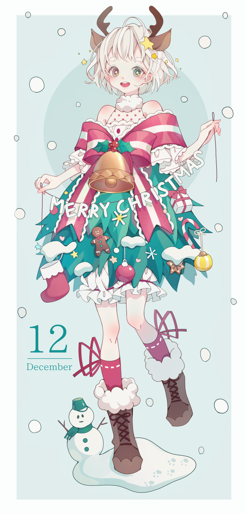 1girl :d absurdres ahoge animal_ears antlers bangs bell bloomers boots box brown_footwear calendar_(medium) candy candy_cane christmas christmas_ornaments christmas_stocking christmas_tree commentary_request dress food full_body fur-trimmed_boots fur_collar fur_trim gift gift_box gingerbread_man green_dress green_eyes hair_ornament heterochromia highres holding looking_at_viewer merry_christmas open_mouth original personification red_eyes red_legwear red_ribbon reindeer_antlers reindeer_ears ribbon ribbon-trimmed_legwear ribbon_trim shiraho_(color-56) short_hair smile snow snowing snowman solo standing standing_on_one_leg star star-shaped_pupils star_hair_ornament striped striped_ribbon symbol-shaped_pupils thick_eyebrows underwear white_bloomers white_hair