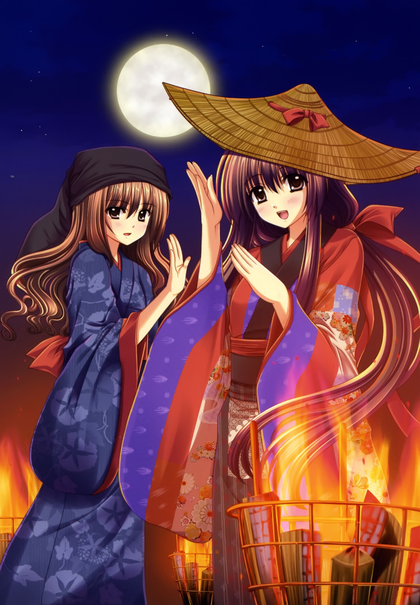 duo fire happy hat kimono long_hair moon night nishimata_aoi oretachi_ni_tsubasa_wa_nai