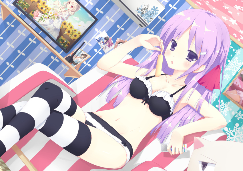 bad_id barrette bikini_top black_bra blush bra breasts cleavage crossed_legs dutch_angle female food frame hair_ornament hairclip hairpins highres icecream legs_crossed lingerie liong long_hair mahou_shoujo_madoka_magica midriff miki_sayaka navel original panties photo popsicle purple_eyes purple_hair remote sitting slender solo stocking striped striped_legwear striped_panties striped_thighhighs thigh-highs thighhighs tongue underwear underwear_only violet_eyes