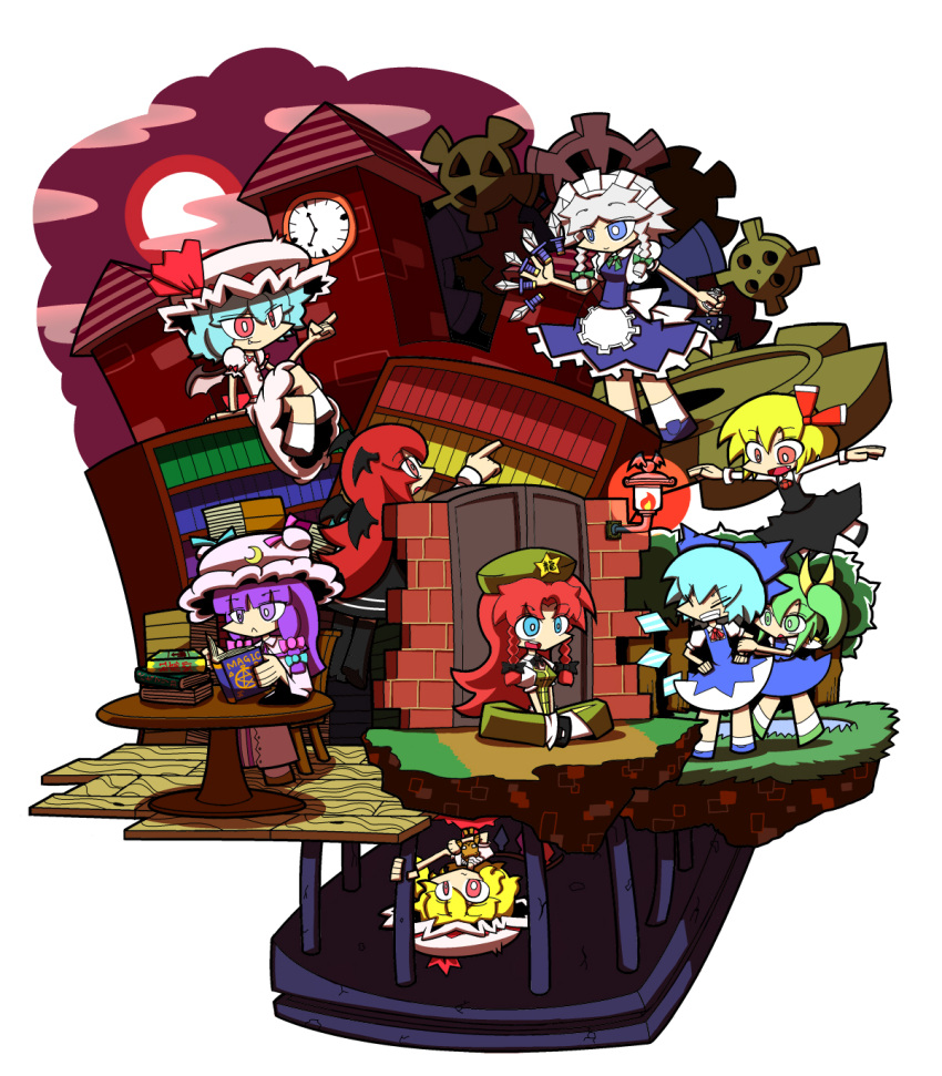 ascot bat_wings black_legwear blonde_hair blue_eyes blue_hair blush book bow braid chair china_dress chinese_clothes cirno clock clock_tower cloud crazy_eyes crescent daiyousei desk dress fang flandre_scarlet forest gears green_eyes green_hair hair_bow hair_ribbon hat head_wings highres hong_meiling ice izayoi_sakuya knife koakuma kuchibashi_(9180) library long_hair maid maid_headdress moon multiple_girls nature necktie night open_mouth outstretched_arms patchouli_knowledge pocket_watch prison purple_eyes purple_hair red_eyes red_hair red_moon redhead remilia_scarlet ribbon rumia scarlet_devil_mansion short_hair side_ponytail silver_hair sitting skirt smile stuffed_animal stuffed_toy teddy_bear the_embodiment_of_scarlet_devil thigh-highs thighhighs throwing_knife touhou tower twin_braids upside-down violet_eyes voile watch weapon wings youkai