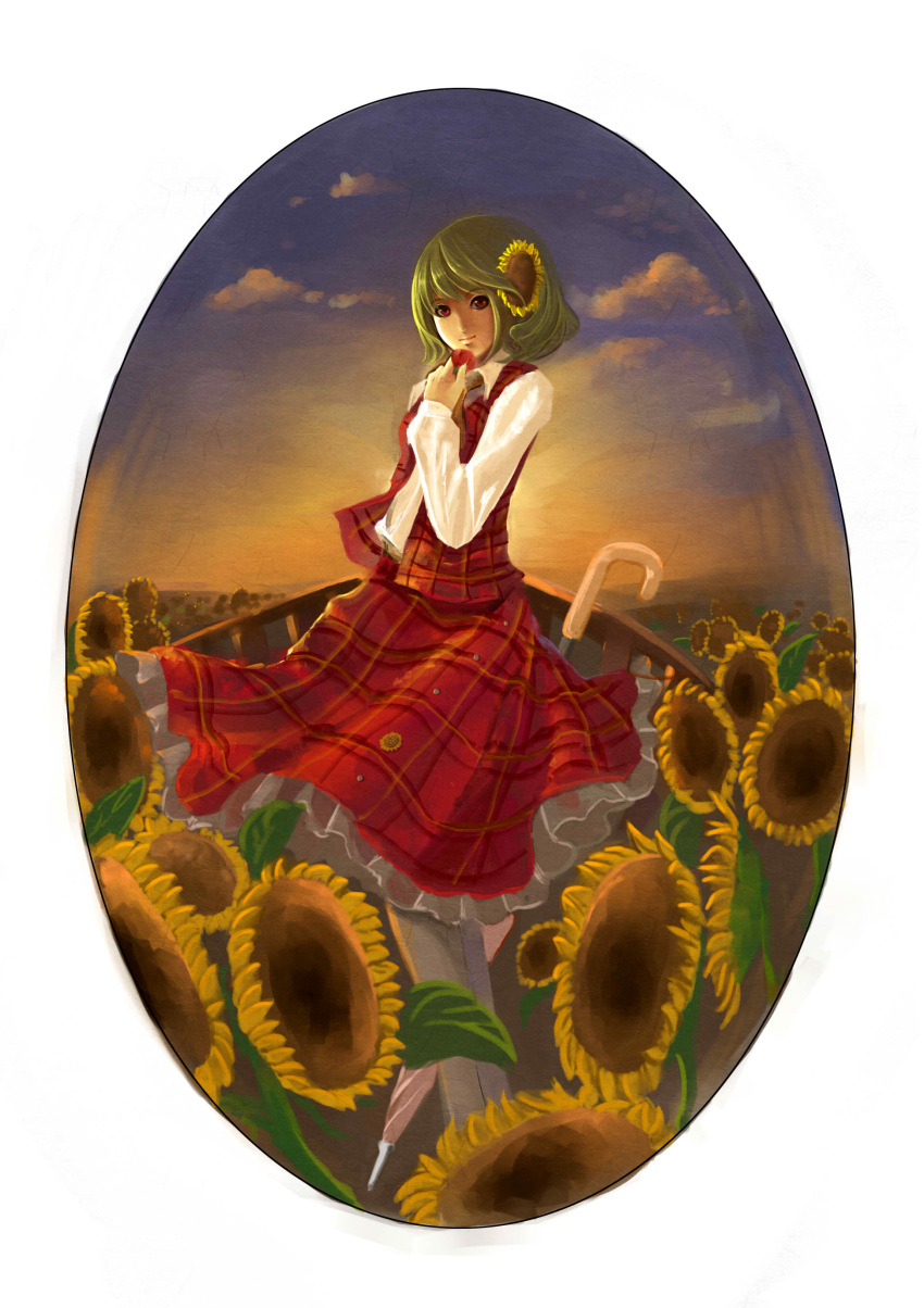 absurdres ascot circle closed_umbrella dress_shirt faux_traditional_media flower flower_field green_hair hair_flower hair_ornament highres kazami_yuuka plaid plaid_skirt plaid_vest red_eyes red_rose rose shirt short_hair skirt skirt_set sky smile solo sunflower sunset touhou umbrella vest white_legwear yi_denka yi_dianxia youkai