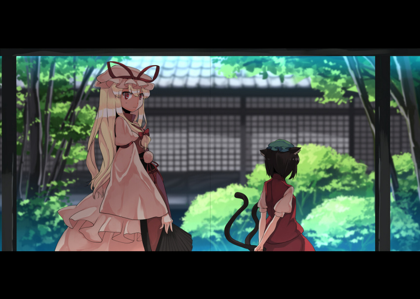 animal_ears arms_behind_back blonde_hair brown_hair cat_ears chen east_asian_architecture fan folding_fan from_behind garnet hat letterboxed long_hair multiple_girls multiple_tails red_eyes short_hair tail touhou yakumo_yukari