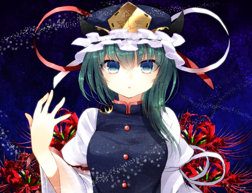 aqua_hair arm_up bad_id blue_dress blue_eyes bust dress flower green_hair hands hat kanzaki_maguro maguro_(gulen-x) shikieiki_yamaxanadu shirt short_hair solo spider_lily touhou