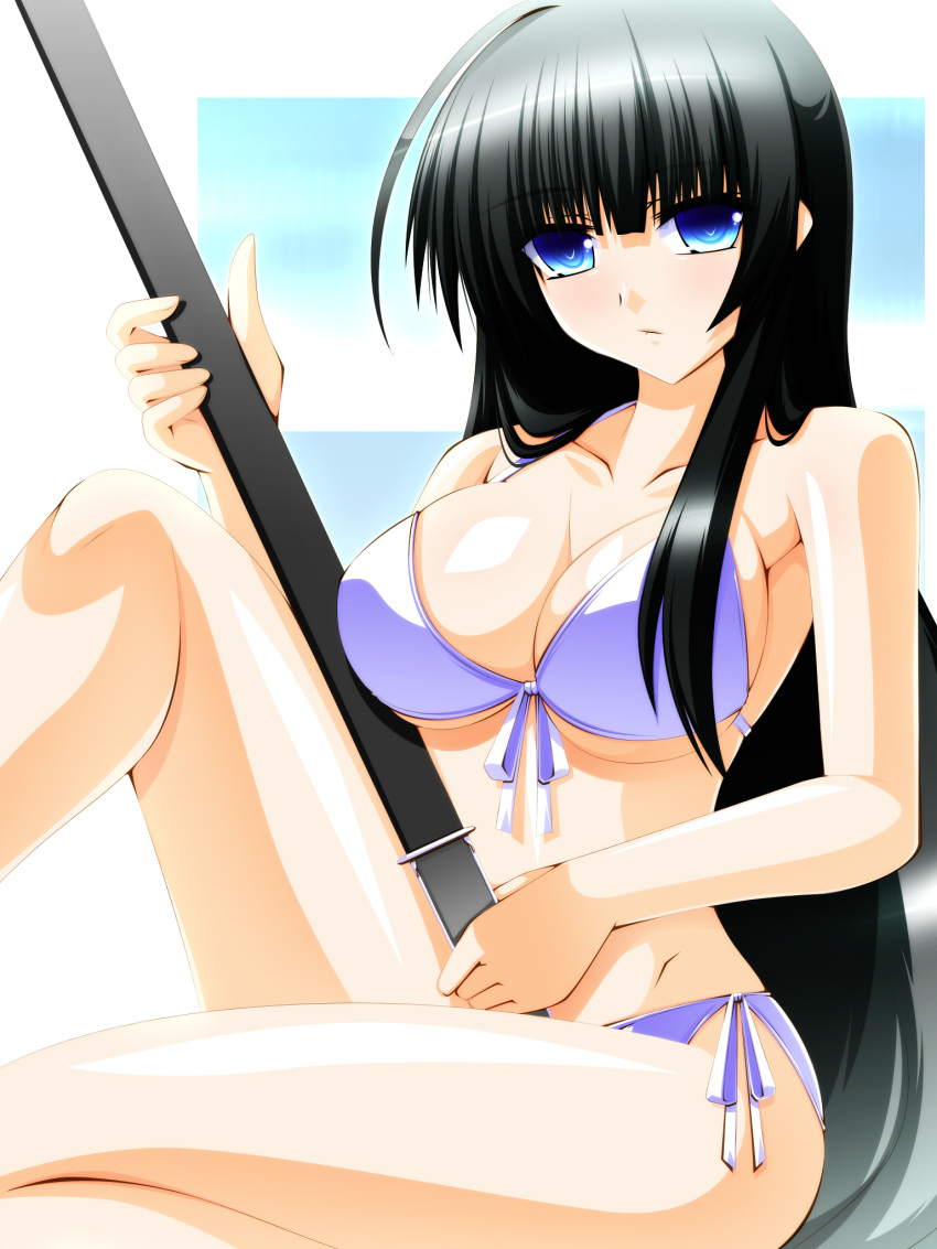 bikini black_hair blue_eyes breasts cleavage engo_(aquawatery) highres ikaruga_(senran_kagura) long_hair senran_kagura swimsuit sword weapon