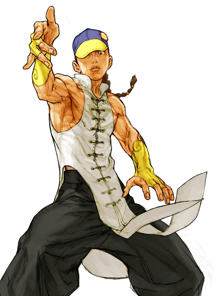 baggy_pants baseball_cap braid bridal_gauntlets brown_hair capcom capcom_vs_snk capcom_vs_snk_2 chinese_clothes hat highres muscle nishimura_kinu official_art single_braid sleeveless solo street_fighter street_fighter_iii yun_lee