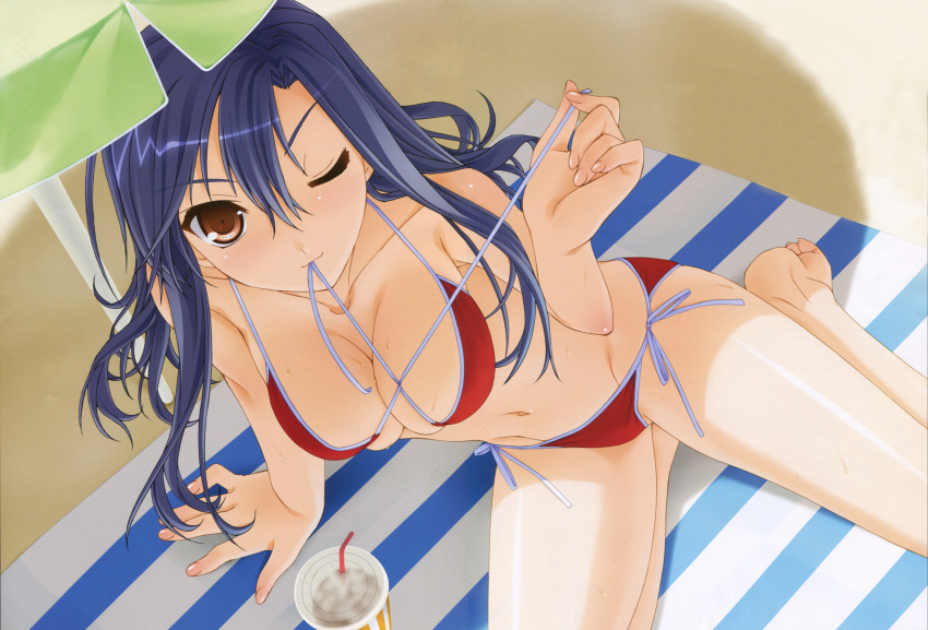 1girl absurdres barefoot beach_umbrella beverage bikini blue_hair blush breast breasts brown_eyes cleavage cola cup female front-tie_bikini front-tie_top hair_between_eyes highres long_hair mashiba_sayuri mat mouth_hold murakami_suigun one_eye_closed pia_carrot pia_carrot_(series) pia_carrot_4 pia_carrot_e_youkoso!! pia_carrot_e_youkoso!!_4 red_bikini red_eyes side-tie_bikini solo source_request straw striped swimsuit umbrella undressing wet wink