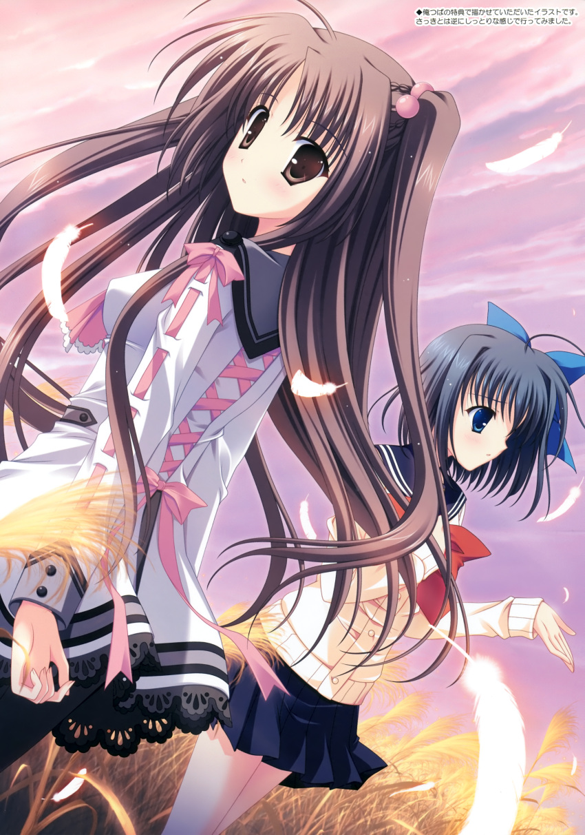 2girls black_hair blue_eyes blush brown_eyes brown_hair duo feather haneda_kobato long_hair naruse_mamoru oretachi_ni_tsubasa_wa_nai ribbon school_uniform seifuku short_hair skirt sky thigh-highs watarai_asuka