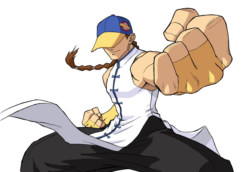 baseball_cap braid bridal_gauntlets brown_hair capcom chinese_clothes clenched_hands fighting_stance fist hat hidden_eyes highres muscle simple_background single_braid sleeveless solo street_fighter street_fighter_iii street_fighter_zero street_fighter_zero_iii vector_trace yun_lee