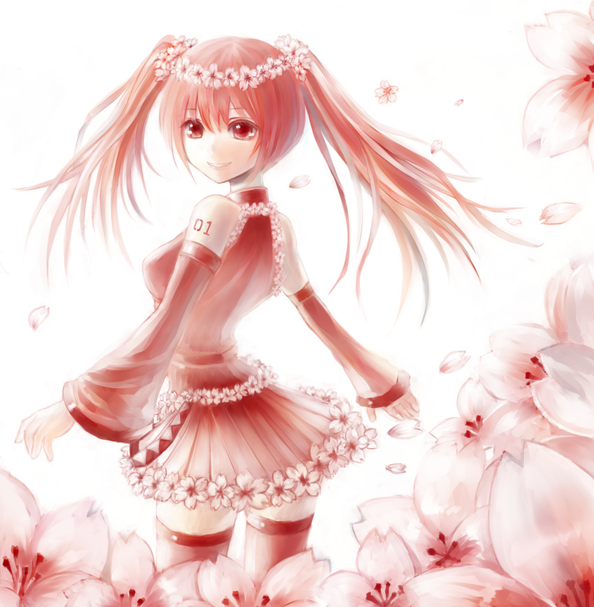 akubi_(fyfy) bad_id cherry_blossoms detached_sleeves hatsune_miku head_wreath highres long_hair looking_back object_namesake petals pink pink_eyes pink_hair sakura_miku skirt smile solo thigh-highs thighhighs vocaloid zettai_ryouiki