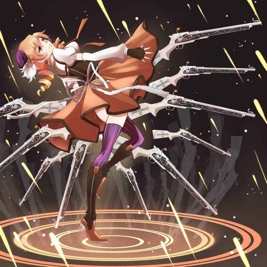 9thalice bad_anatomy bad_id beret blonde_hair boots breasts corset detached_sleeves drill_hair fingerless_gloves gloves gun hair_ornament hairpin hat highres light_particles magic_circle magical_girl magical_musket mahou_shoujo_madoka_magica pleated_skirt puffy_sleeves purple_legwear ribbon rifle skirt solo taut_shirt thigh-highs thighhighs tomoe_mami twin_drills vertical-striped_legwear vertical_stripes weapon yellow_eyes zettai_ryouiki