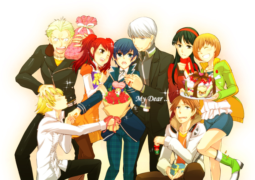 4boys 4girls amagi_yukiko androgynous black_hair blonde_hair blue_eyes blue_hair blush boots bouquet box brown_eyes brown_hair cake earrings flower food gift gift_box grey_eyes grey_hair hairband hanamura_yousuke headphones headphones_around_neck hina_futoshi holding_hands jacket jewelry kujikawa_rise kuma_(persona_4) long_hair multiple_boys multiple_girls narukami_yuu necklace no_hat no_headwear pants persona persona_4 red_string redhead reverse_trap rose satonaka_chie school_uniform shirogane_naoto short_hair skirt smile string tatsumi_kanji track_jacket twintails