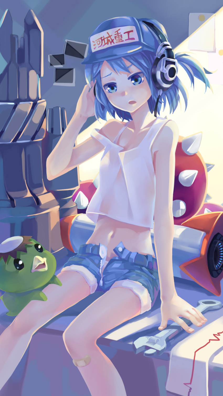 arm_support bandaid baseball_cap blue_eyes blue_hair bra contemporary denim denim_shorts hands hao_(patinnko) hat headphones highres kappa kawashiro_nitori lingerie midriff missile navel open_clothes open_fly open_shirt panties see-through shirt short_hair short_shorts shorts sitting solo strap_slip tank_top touhou underwear unzipped wrench