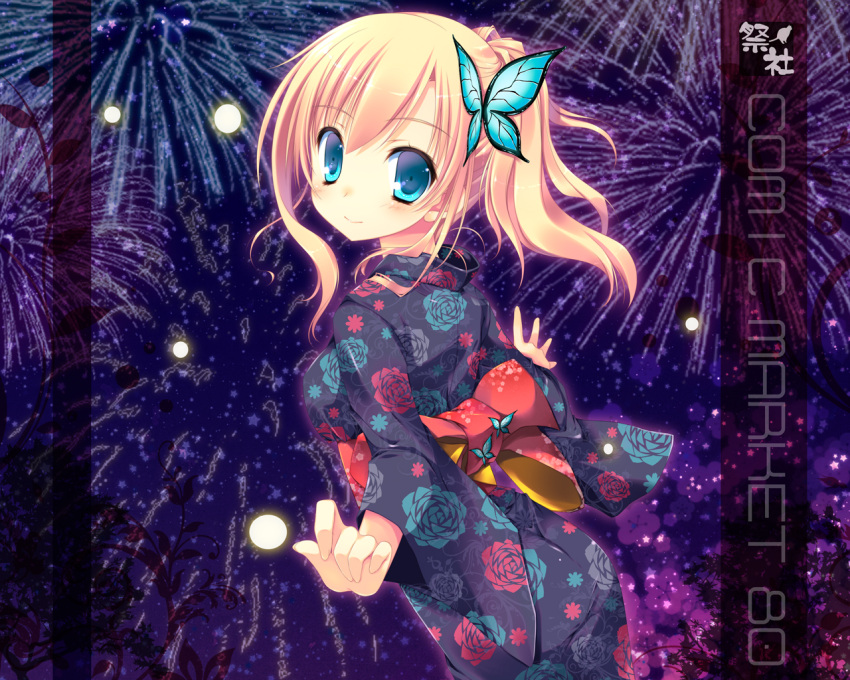 aqua_eyes blonde_hair blue_eyes boku_wa_tomodachi_ga_sukunai butterfly butterfly_hair_ornament firefly fireworks floral_print flower hair_ornament japanese_clothes kashiwazaki_sena kimono looking_back nanaroba_hana night ponytail rose sky smile solo star_(sky) starry_sky