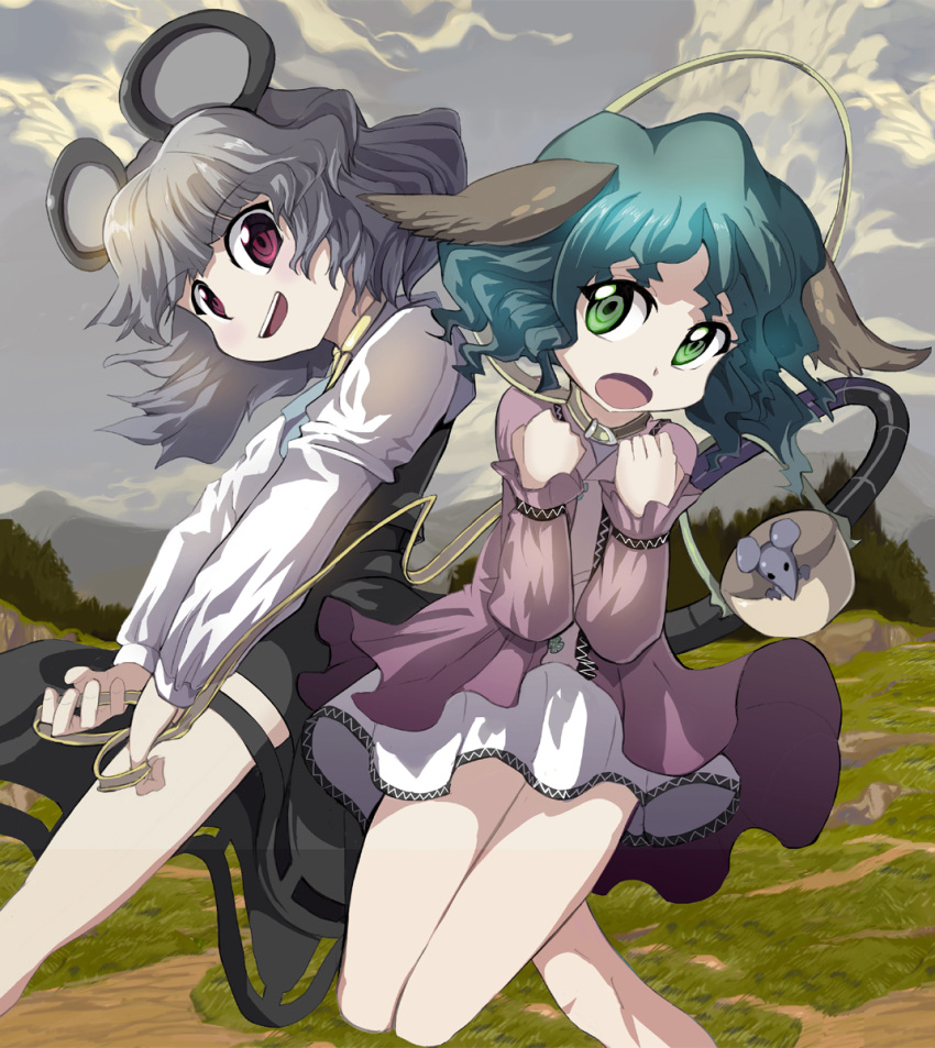 animal_ears basket capelet cloud collar dress green_eyes green_hair grey_hair highres kasodani_kyouko leash mouse mouse_ears mouse_tail multiple_girls nazrin open_mouth red_eyes shope short_hair smile tail touhou