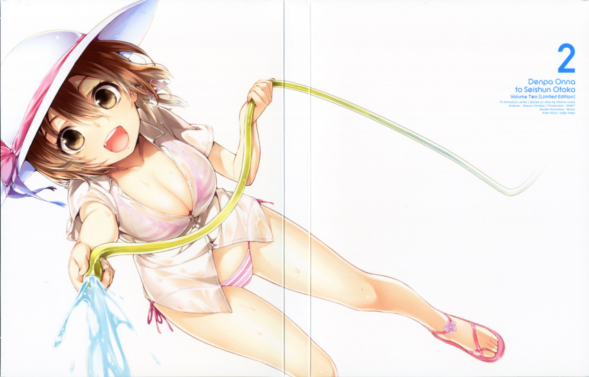 absurdres bare_legs bikini breasts brown_eyes brown_hair buriki cleavage cover denpa_onna_to_seishun_otoko dress_shirt dvd_cover hat highres hose large_breasts mifune_ryuuko open_clothes open_mouth open_shirt sandals see-through shirt short_hair side-tie_bikini simple_background smile solo string_bikini striped sun_hat swimsuit