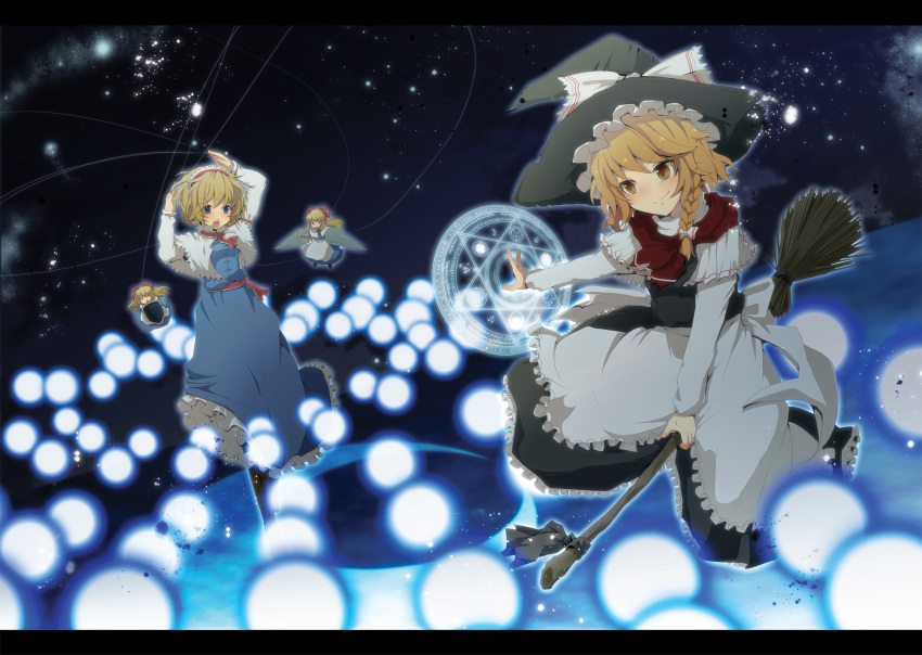 alice_margatroid aoi_(annbi) apron arms_up battle black_dress blonde_hair blue_dress blue_eyes blush boots bow braid broom broom_riding capelet crescent cross-laced_footwear danmaku doll dress dual_wielding fighting hair_bow hair_ribbon hairband hat hat_ribbon hexagram highres kirisame_marisa lace-up_boots lance letterboxed magic_circle multiple_girls night night_sky open_mouth outstretched_hand perfect_cherry_blossom polearm puppet_string puppet_strings ribbon sash scarf shanghai_doll shield shirt side_braid skirt skirt_set sky smile smirk star_(sky) string touhou weapon witch witch_hat yellow_eyes