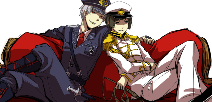 aiguillette axis_powers_hetalia bishounen boots brown_hair couch cross-laced_footwear crossed_legs epaulettes grey_eyes hat japan_(hetalia) knife lace-up_boots legs_crossed male military military_uniform multiple_boys necktie open_mouth peaked_cap prussia_(hetalia) red_eyes ririvery silver_hair simple_background sitting sketch smile smirk uniform whip