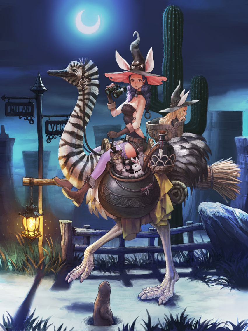 animal_ears bare_shoulders binoculars bird blonde_hair boots bottle braid breasts bunny bunny_ears cactus cat clubs collar cup diamond gloves grass hat heart highres kettle lantern large_breasts long_hair loped moon mouse multiple_girls night original ostrich pointy_ears prairie_dog purple_hair rabbit red_eyes saddle spade teacup twin_braids witch_hat zebra