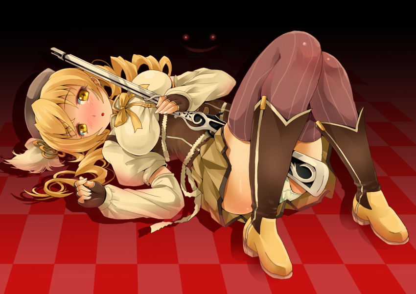 beret between_thighs blonde_hair blush body_blush boots breasts brown_legwear checkered checkered_floor corset detached_sleeves drill_hair fingerless_gloves gloves glowing glowing_eyes gun hair_ornament hairpin hat kyubey kyuubi lying magical_girl magical_musket mahou_shoujo_madoka_magica michii_yuuki on_back panties pleated_skirt puffy_sleeves red_eyes ribbon rifle skirt solo taut_shirt thigh-highs thighhighs thighs tomoe_mami twin_drills underwear vertical-striped_legwear vertical_stripes weapon white_panties