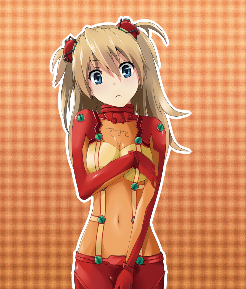 :&lt; blue_eyes breasts brown_hair covering covering_breasts covering_crotch evangelion:_2.0_you_can_(not)_advance genkai77 highres latex long_hair neon_genesis_evangelion plugsuit rebuild_of_evangelion shikinami_asuka_langley solo soryu_asuka_langley souryuu_asuka_langley test_plugsuit yuu_(genkai77)