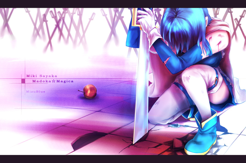 apple armband blood blue_hair cape crack cuts food fruit gloves hidden_face highres injury kneeling letterboxed magical_girl mahou_shoujo_madoka_magica miki_sayaka mizublue puddle short_hair solo sword tears thigh-highs thighhighs weapon