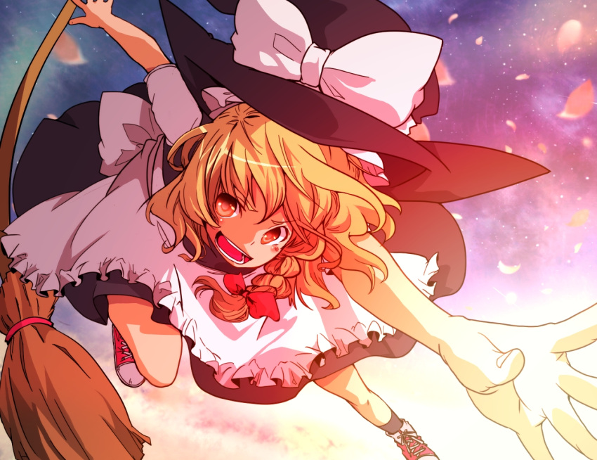 black_dress blonde_hair braid broom broom_riding cherry_blossoms dress hair_ribbon hat hat_ribbon kirisame_marisa mirogo night open_mouth outstretched_hand petals red_eyes ribbon solo star_(sky) tennis_shoes touhou witch witch_hat yellow_eyes