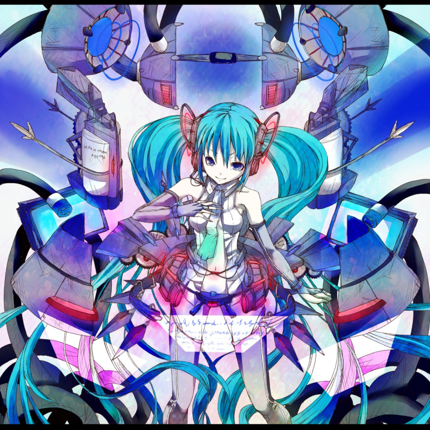 aqua_hair blue_eyes bridal_gauntlets elbow_gloves gloves hand_on_own_chest hand_to_chest hatsune_miku hatsune_miku_(append) highres long_hair miku_append navel necktie shunsuke smile solo thigh-highs thighhighs twintails very_long_hair vocaloid vocaloid_append