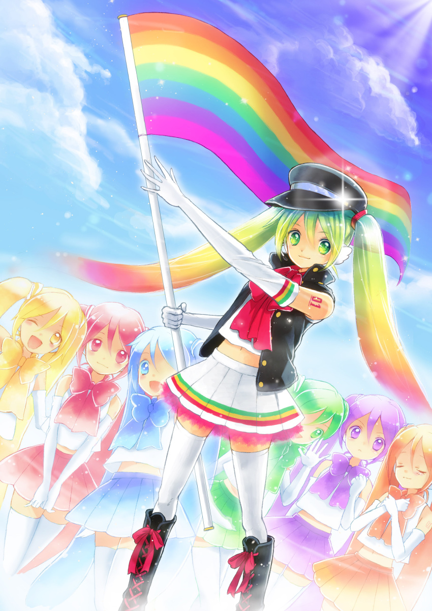 bad_id boots cloud cross-laced_footwear elbow_gloves flag gloves hat hatsune_miku highres knee_boots lace-up_boots long_hair midriff multicolored_hair navel nire peaked_cap rainbow skirt sky thigh-highs thighhighs twintails very_long_hair vocaloid