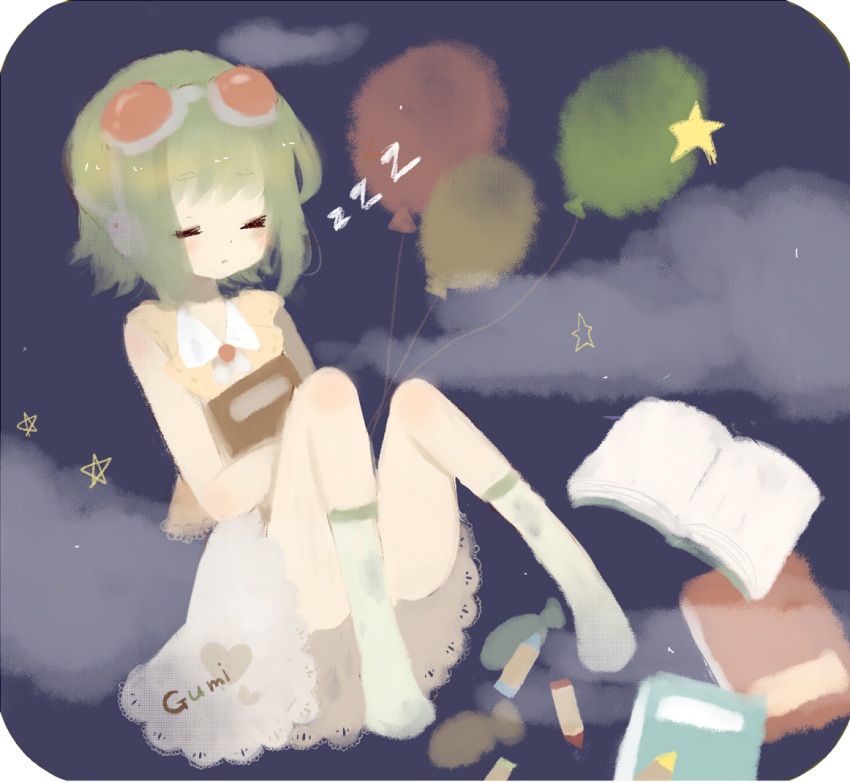 bad_id balloon book character_name cloud crayon goggles goggles_on_head green_hair gumi heart hinayo night night_sky rounded_corners short_hair sky sleeping solo star vocaloid z