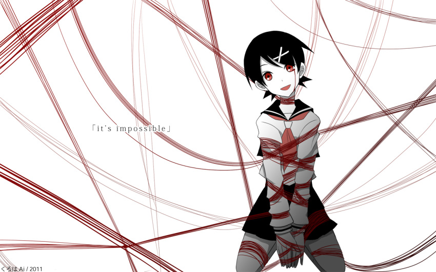 ai_(kuroha-chan) bleeding blood bloody_tears bondage english fuura_kafuka hair_ornament hairclip head_tilt injury kuroha_ai official_style open_mouth red_eyes red_string sayonara_zetsubou_sensei school_uniform seiza serafuku short_hair sitting skirt smile solo spot_color string tears text tied_up v_arms