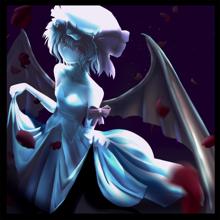 bare_shoulders bat_wings border bow collarbone curtsey dress elbow_gloves gloves hat hat_ribbon highres ishikkoro night pale_skin petals red_eyes remilia_scarlet ribbon short_hair skirt_hold solo touhou wings