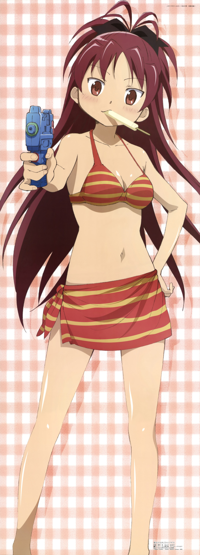 absurdres bikini breasts cleavage hand_on_hip highres hips huge_filesize incredibly_absurdres legs long_hair long_image mahou_shoujo_madoka_magica megami mouth_hold official_art popsicle red_eyes red_hair redhead sakura_kyouko shiotsuki_kazuya solo stick_poster striped striped_bikini striped_swimsuit swimsuit tall_image very_long_hair water_gun