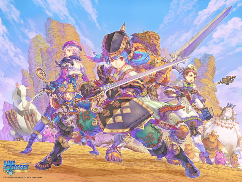 3girls animal_ears ankle_boots armor arms_up beret blue_hair book boots bowtie brown_eyes brown_hair cleric cloak cropped_jacket earrings fighting_stance fur_trim gloves happy hat helmet highres jewelry jumping knife lime_odyssey lion long_hair looking_back mage male mane miniskirt monster mouse_ears multiple_boys multiple_girls official_art open_mouth pauldron pauldrons ponytail purple_eyes red_eyes russel_(yumeriku) sash serenade_(sinohi) serious shield shirtless short_hair silver_hair skirt sky staff star sword text thigh-highs thighhighs violet_eyes wallpaper weapon white_legwear wizard_hat yellow_eyes